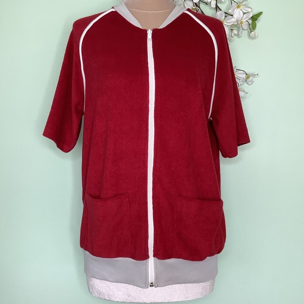 Vintage Jantzen Short Raglan Sleeve Velour Zip Up Jacket Top Brick Red Piping